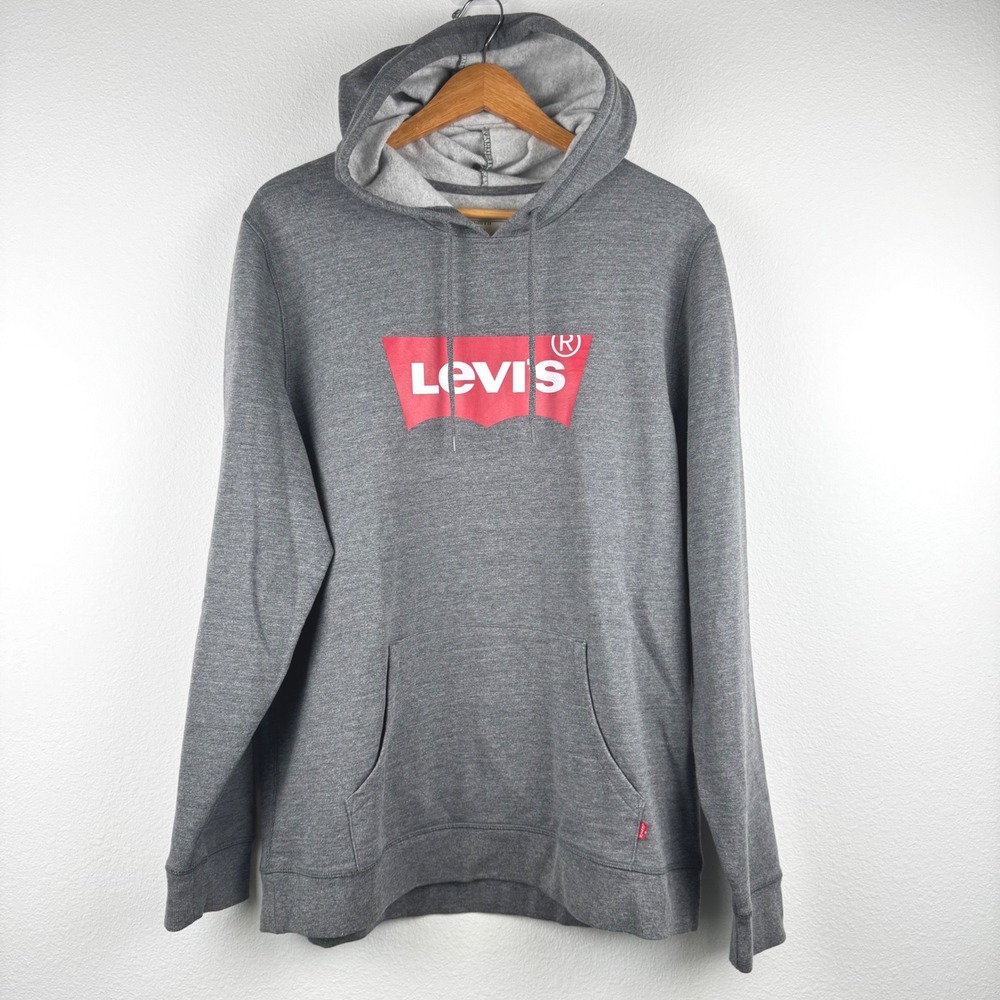 Levi's Hoodie Mens XL Grey Excellent Casual Batwing Logo Fleece Sweatshirt
